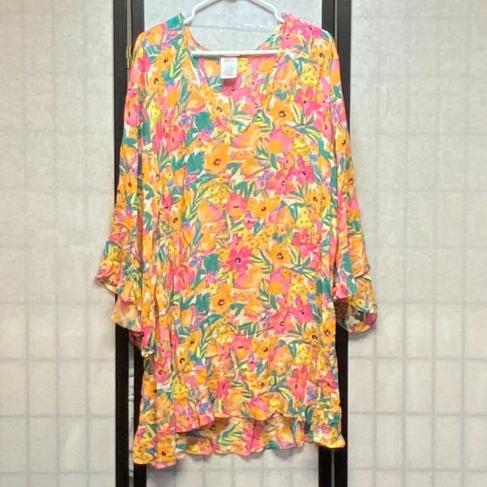 Anne Cole Bright Floral Crinkle Tunic Dress Ruffle Bell Sleeve V Neck Sheer NEW